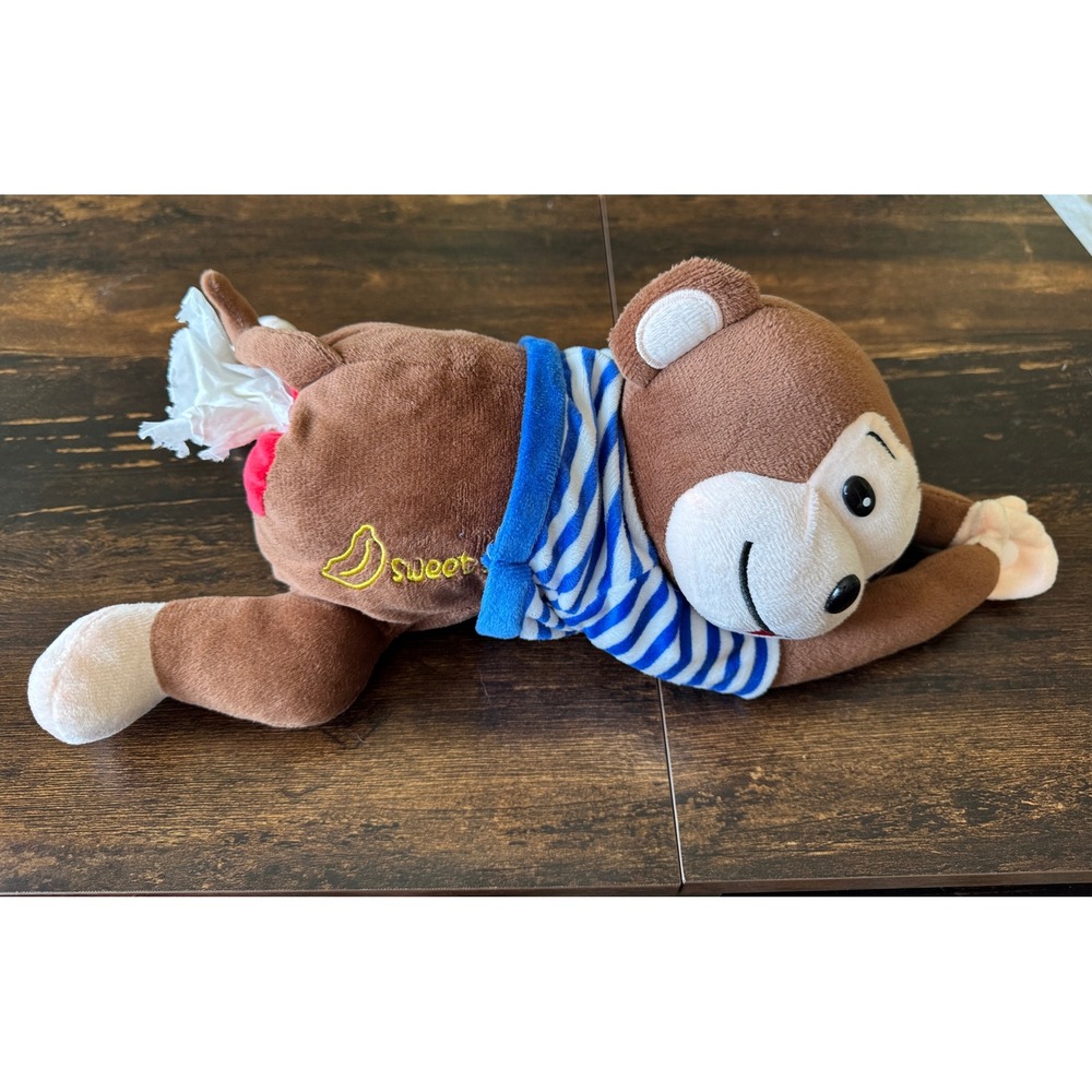 Plush Monkey Tissue Dispenser Brown Blue Striped Shirt Sweet Banana 16 inch